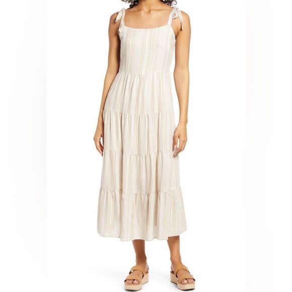 Caslon Ivory Khaki Stripe Tie Shoulder Tiered Sundress Size 1X - Picture 1 of 11